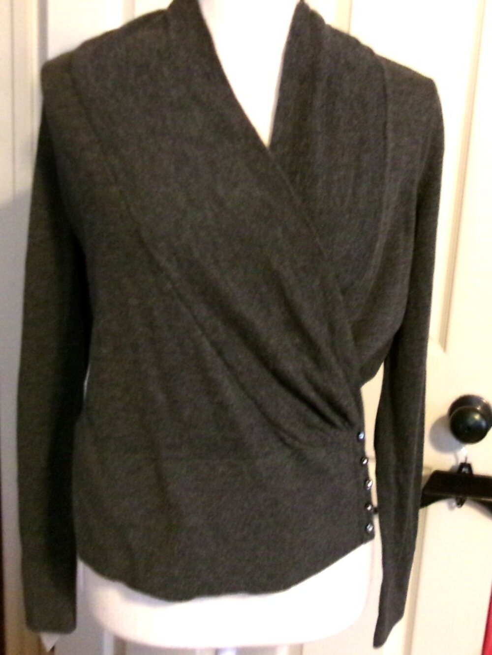 NWT  ANN TAYLOR Gray Wool Blend Wrap Sweater With Rhinestone Buttons Size S